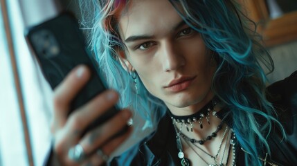 A close-up portrait of a young man with stylish long hair, queer man