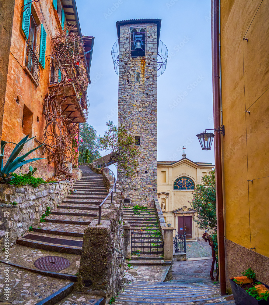 Poster The stone bell tower of Chiesa di San Vigilio church in Gandria, Switzerland