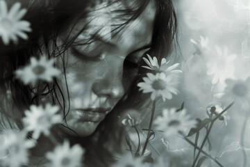 Ethereal monochrome image of a woman's serene face partially obscured by daisies, creating a dreamlike fusion of human and nature