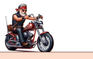 Cartoon character of a biker riding a motorcycle, isolated on white background, Old man enjoying a motorcycle ride on a vintage chopper, Man enjoying his sport hobby of motorcycle riding