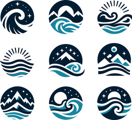 set of sea wave sunset logo icon silhouette symbols clipart, sunset logo concept