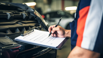 Automobile mechanic repairman checking a car engine with inspecting writing to the clipboard the checklist for repair machine.
 - obrazy, fototapety, plakaty
