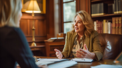 A female lawyer is giving advice and talking with a woman in a private office.