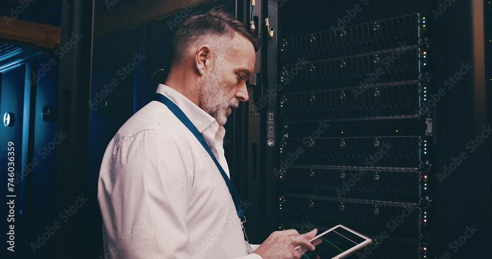 Poster Mature man in server room with tablet, network maintenance and engineer in digital storage for database update. Tech service, system administration and technician online in data center for inspection