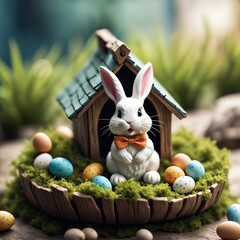 Easter Bunny near Small House with Colorful Eggs and Charming Spring Backdrop