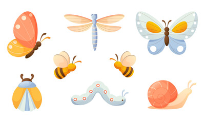 Set with cute insects. Spring summer insects. Butterfly, dragonfly, bees, snail, caterpillar, bug. Colorful vector illustration, Clipart for the design of children's books, holiday card, summer poster
