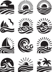 set of sea wave sunset logo icon silhouette symbols clipart, sunset logo concept