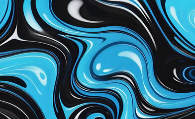 青と黒の抽象的なカラフルなサイケデリックな有機液体ペイント インク大理石のテクスチャ背景。ダークで滑らかな表面波動ミックスランダムパターン。創造性フロー絵画の偶然のコンセプト。