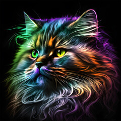 British Longhair cat kitten kitty in abstract, graphic highlighters lines rainbow ultra-bright neon artistic portrait, commercial, editorial advertisement, surrealism. Isolated on dark background	
