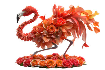 A graceful 3D cartoon illustration of a fancy flamingo ballerina twirling with a bouquet of rainbow roses.