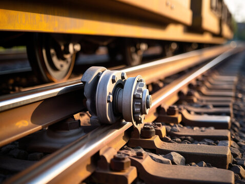 Closeup photo of metal train wheel on steel railway track, in black and white.