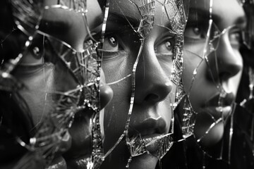 Black and white image of multiple reflections of a face seen through cracked glass, creating a complex and distorted mosaic - Powered by Adobe