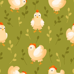 Seamless pattern with white chickens on a green meadow with foliage. Seamless pattern with domestic farm poultry on the lawn. Texture, background suitable for Easter card, textile, wrapping paper