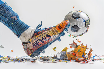 The foot of a football player kicking the ball, the inscription NEWS on the sneaker - Powered by Adobe
