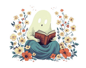 Cute ghost reading book, floral design drawing isolated background