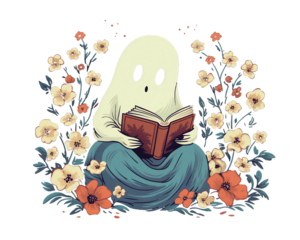 Cute ghost reading book, floral design drawing isolated background
