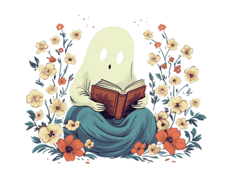 Cute ghost reading book, floral design drawing isolated background