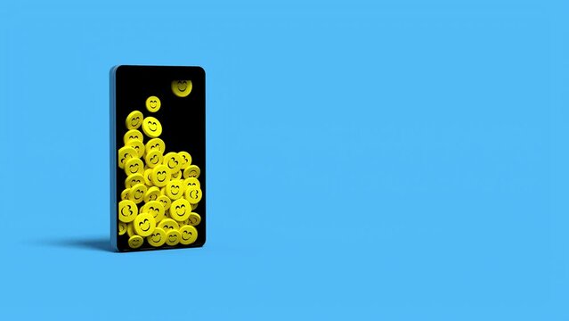 smartphone qui se remplit d'&eacute;moticones de sourire jaune sur fond bleu - rendu 3D