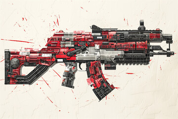 An intricate replica of an assault rifle made from newspaper clippings. - obrazy, fototapety, plakaty