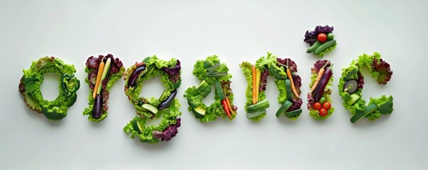  word Organic Laid out with lettuce and vegetables  on a white background. Organic products. vegetarianism, vegetables, greens.  