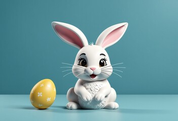 Fototapeta premium Adorable Easter Bunny with Decorative Egg on Pastel Background