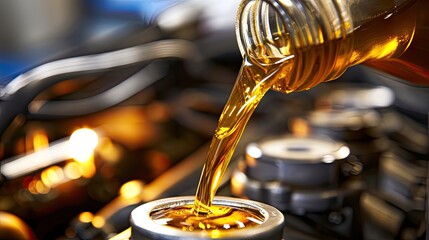 fresh oil into the car engine during an oil change-a visual narrative of meticulous car care and maintenance