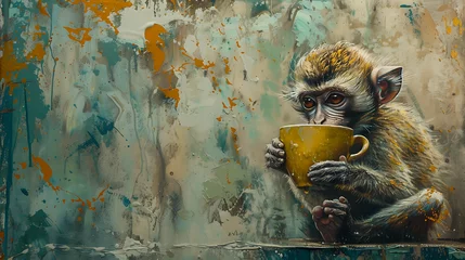 Fototapeten monkey drinking coffee © Manja
