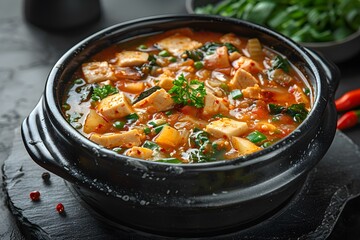 Fototapeta premium Budae Jjigae on a black background top view Korean Cuisine. Concept Food Photography, Korean Cuisine, Top-down Shot, Black Background