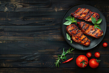 Grilled pork steak in frying pan on black background with copy space. Top view, flat lay food. Image for Cafe and Restaurant Menus - obrazy, fototapety, plakaty