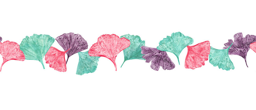 Fototapeta Seamless border with leaf imprints. Turquoise, pink, brown biloba leaves. Ornate isolated on white background. Ginkgo, palm, dry abstract fan leaves. Watercolor illustration of leaf silhouettes
