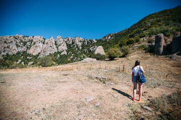 Naklejka premium A female tourist is climbing up a mountain trail. A woman with a backpack is doing mountain hiking. Hiking in the mountains in summer. Mountain pillars