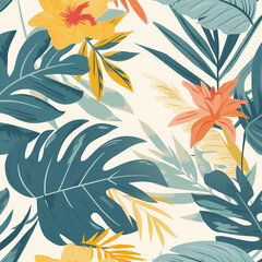 Wallpaper with tropical flowers, palm leaves, monstera, hibiscus. Square frame.