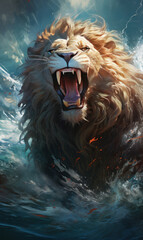 Roaring Lion against the backdrop of raging elements.