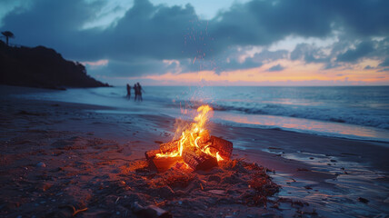 A beach bonfire burning at sunset.