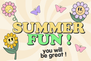 Fototapeta premium 70s retro inspirational poster summer fun with vintage groovy typography and with daisy flowers, smiley face for graphic tee t shirt or sticker poster. Vector illustration