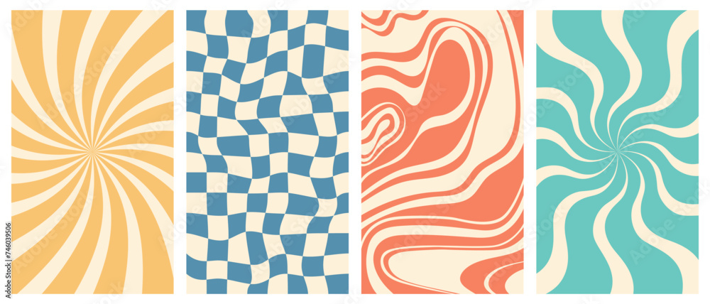 Wall mural vector set of vertical groovy poster in trendy 70s style. twisted and distorted retro backgrounds. v
