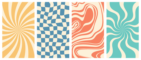 Vector set of vertical groovy poster in trendy 70s style. Twisted and distorted retro backgrounds. Vector illustration