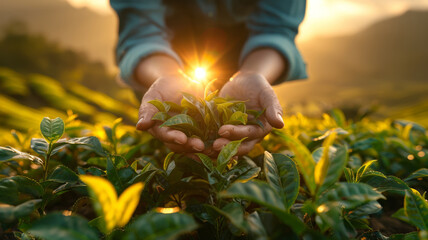Hand picking fresh tea leaves on an Asian plantation.