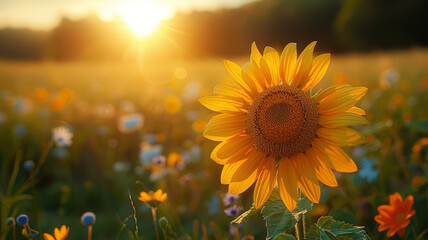 A field of blooming sunflowers at sunset.