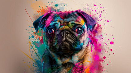 Colorful Pug Dog Portrait with Paint Splatters