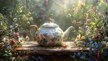 Tuinposter Vintage teapot with tea on a table in the garden © SashaMagic
