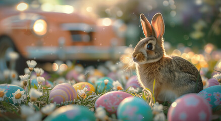 Fototapeta na wymiar Easter Bunny Amidst Colorful Eggs and Spring Flowers