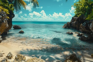 A panoramic view of a tropical beach with turquoise water, white sand, and swaying palm trees
