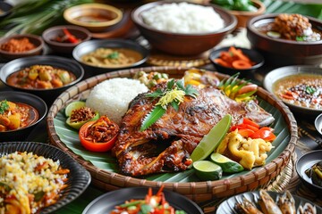 Fototapeta na wymiar sweet fried fish, rice and fresh vegetables, makanan buka puasa