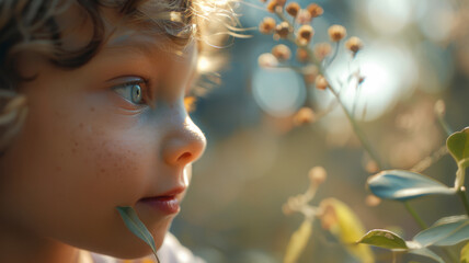 Fototapeta premium A sad young boy sitting alone in nature.