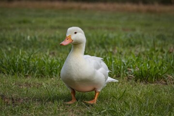 a white duck standing in a field