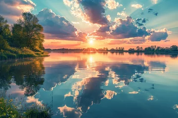 Papier Peint photo Lavable Réflexion Sunset over a calm lake, reflecting the vibrant colors of the sky