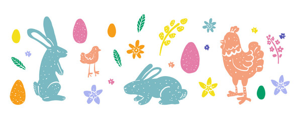 Easter colourful illustration with rabbits, chickens, eggs, and flowers on white background. Hand-drawn children style characters. Pastel colours spring elements. 
