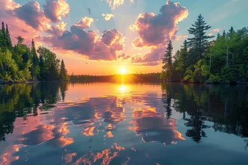 Papier Peint photo Lavable Réflexion Sunset over a calm lake, reflecting the vibrant colors of the sky