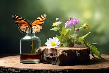 Close up of a glass bottle of organic herbal extract on tree stump in nature background with butterlies, wild plants and flowers. Organic essential oil glass bottle in cosmetology. 
